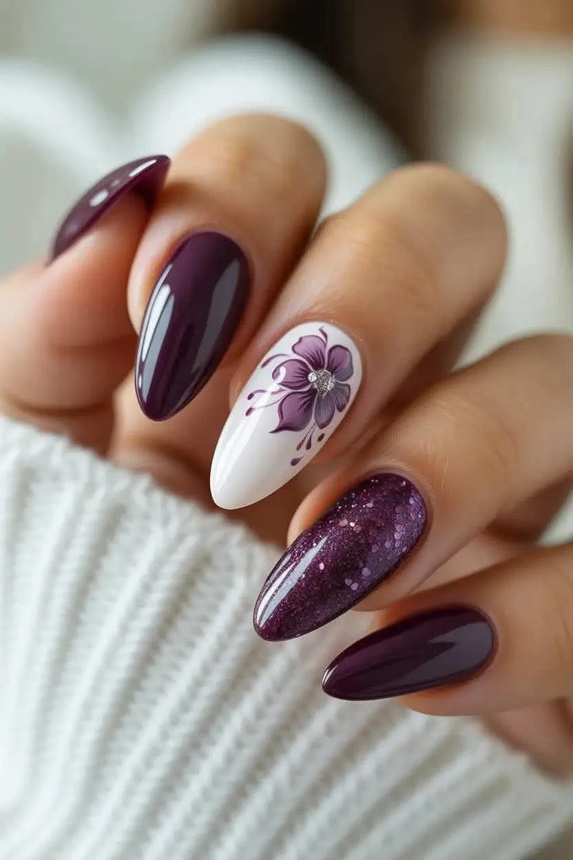 Plum fall nails: plum nails with marble accent nail