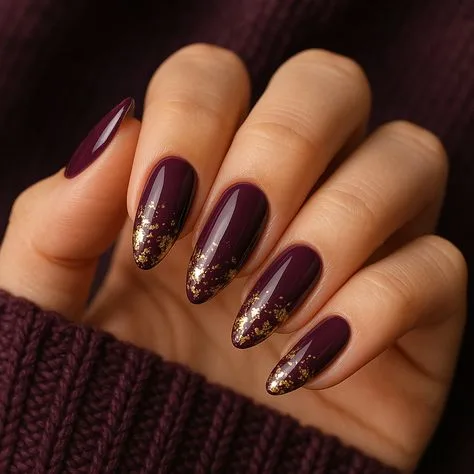 Plum fall nails: plum nails with glitter tips and sweater