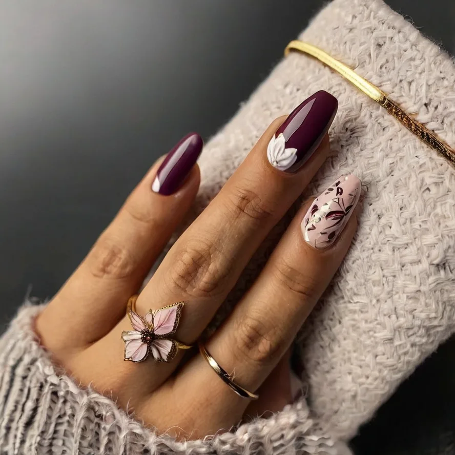 Plum fall nails: plum nails with patterned accent nail