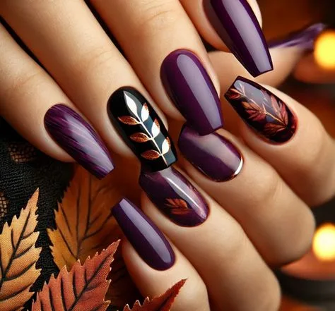 Plum fall nails: plum nails with autumn leaf art
