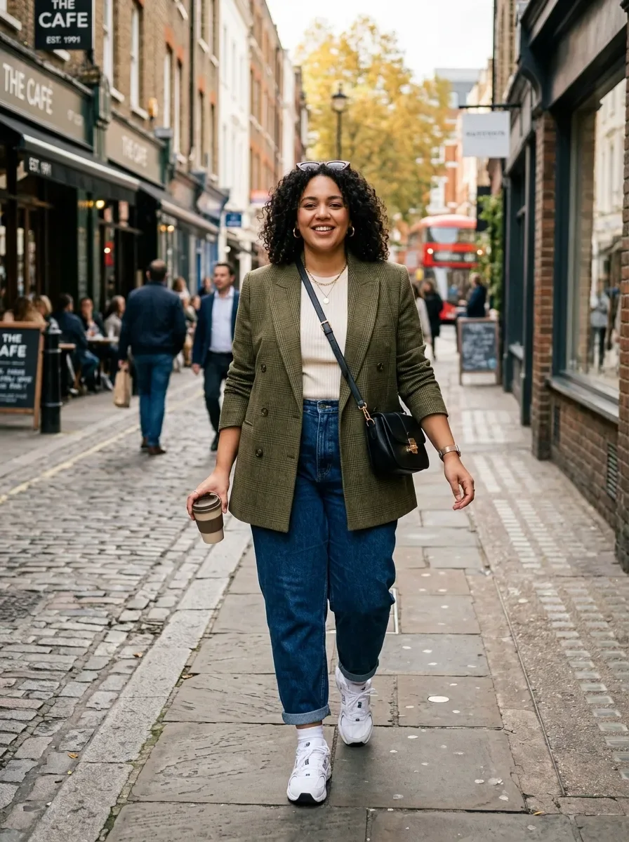 Olive blazer with white top and jeans, street style