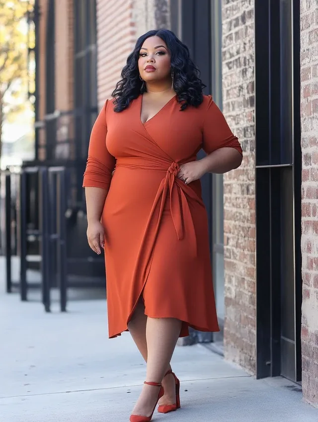 Burnt orange wrap midi dress on a curvy woman