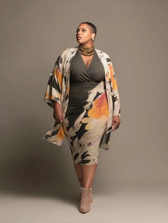 Boho print kimono over an olive dress