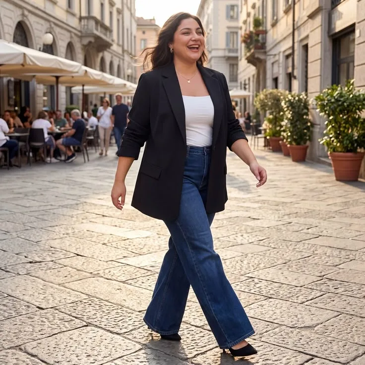 Black blazer with wide leg jeans, street style
