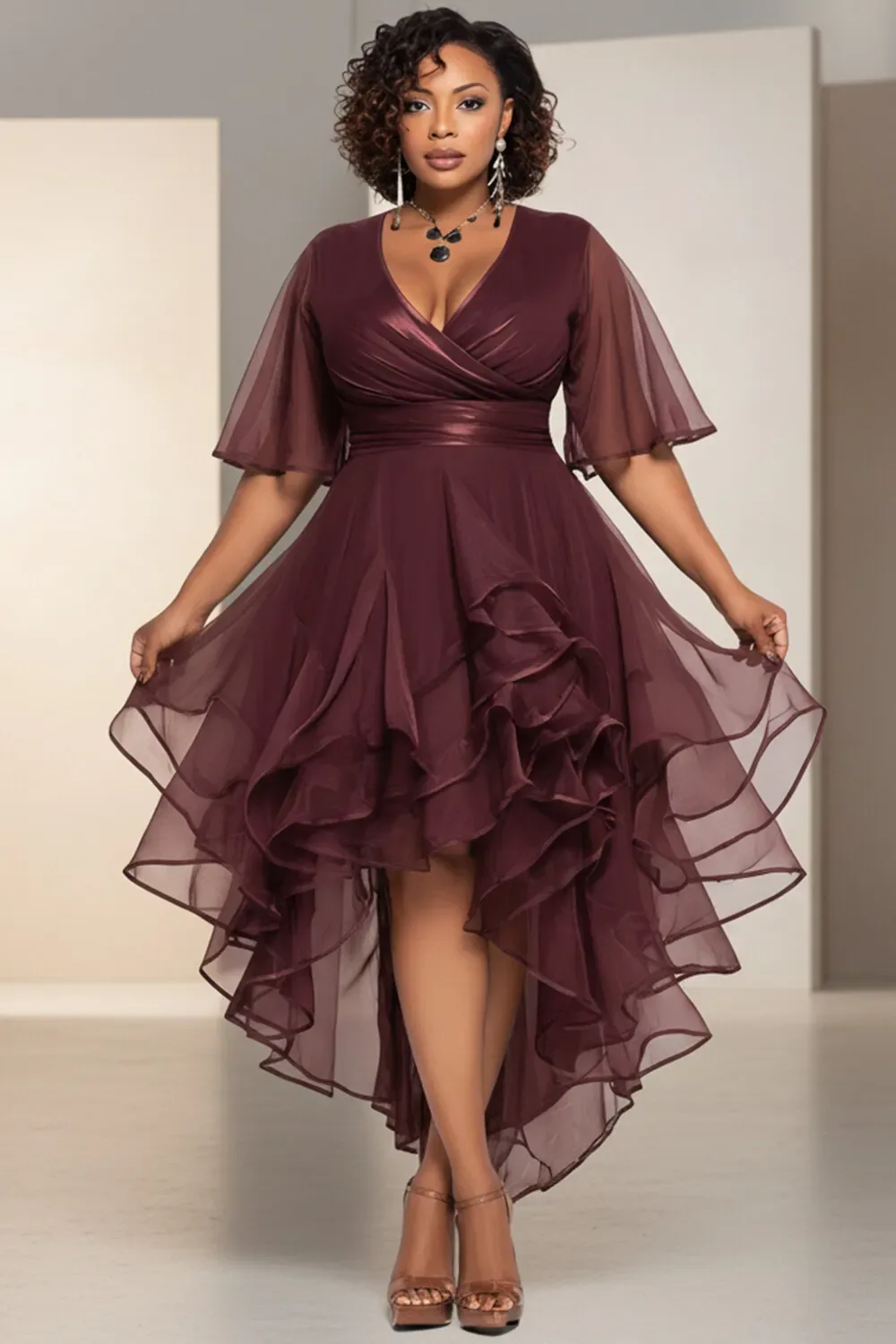 Burgundy ruffle high low cocktail dress