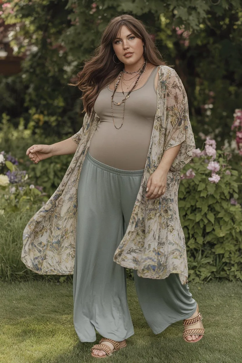Beige floral duster over a sage top and wide pants