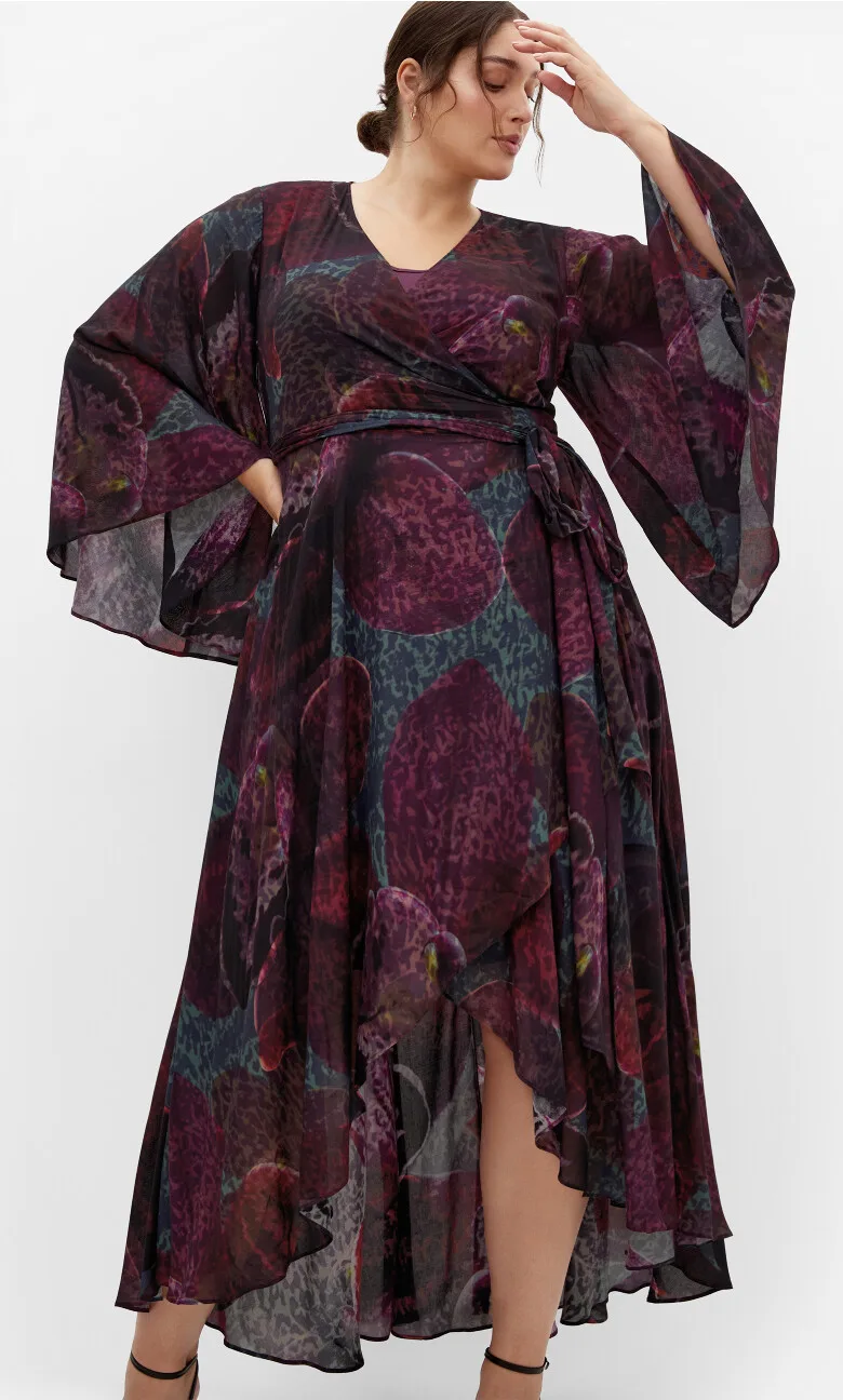 Purple floral kimono sleeve maxi dress