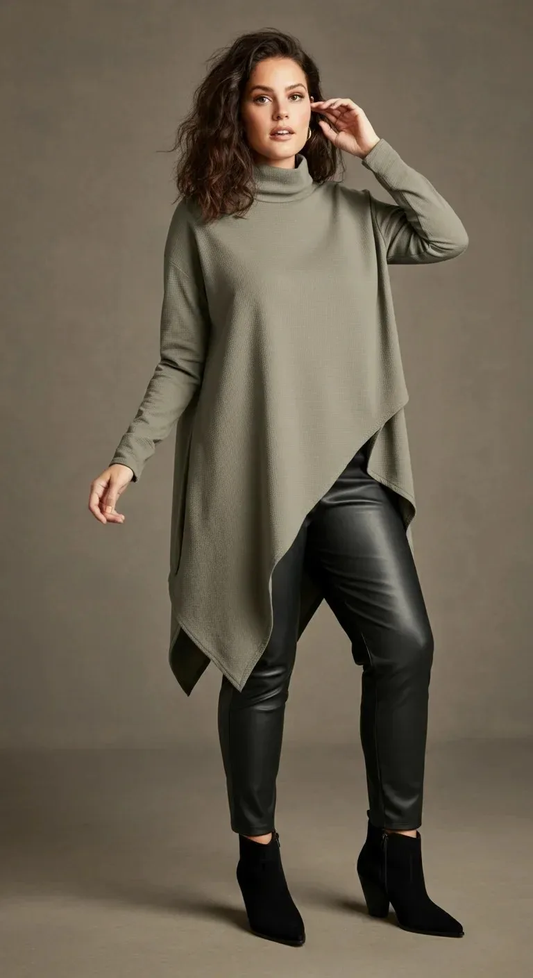Plus size baddie outfit: olive green tunic with black leather leggings and ankle boots