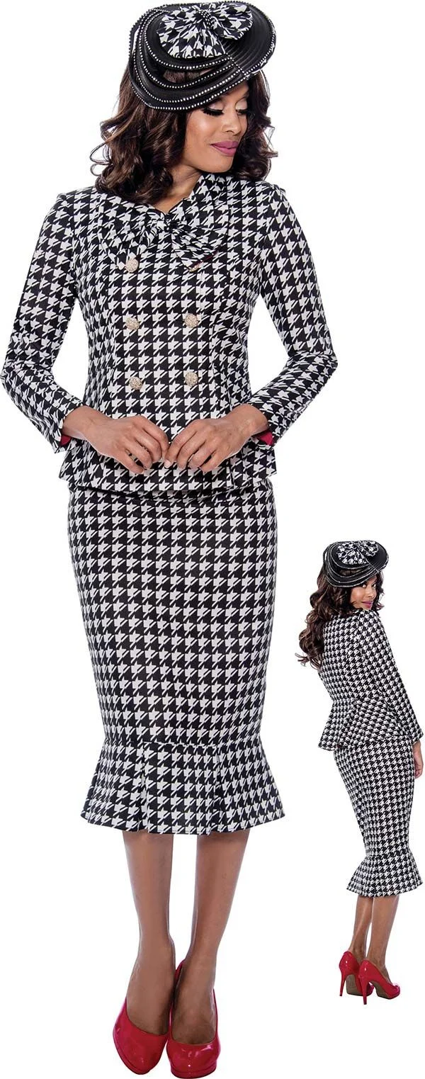 Plus size fall church outfit: black and white houndstooth church suit with hat