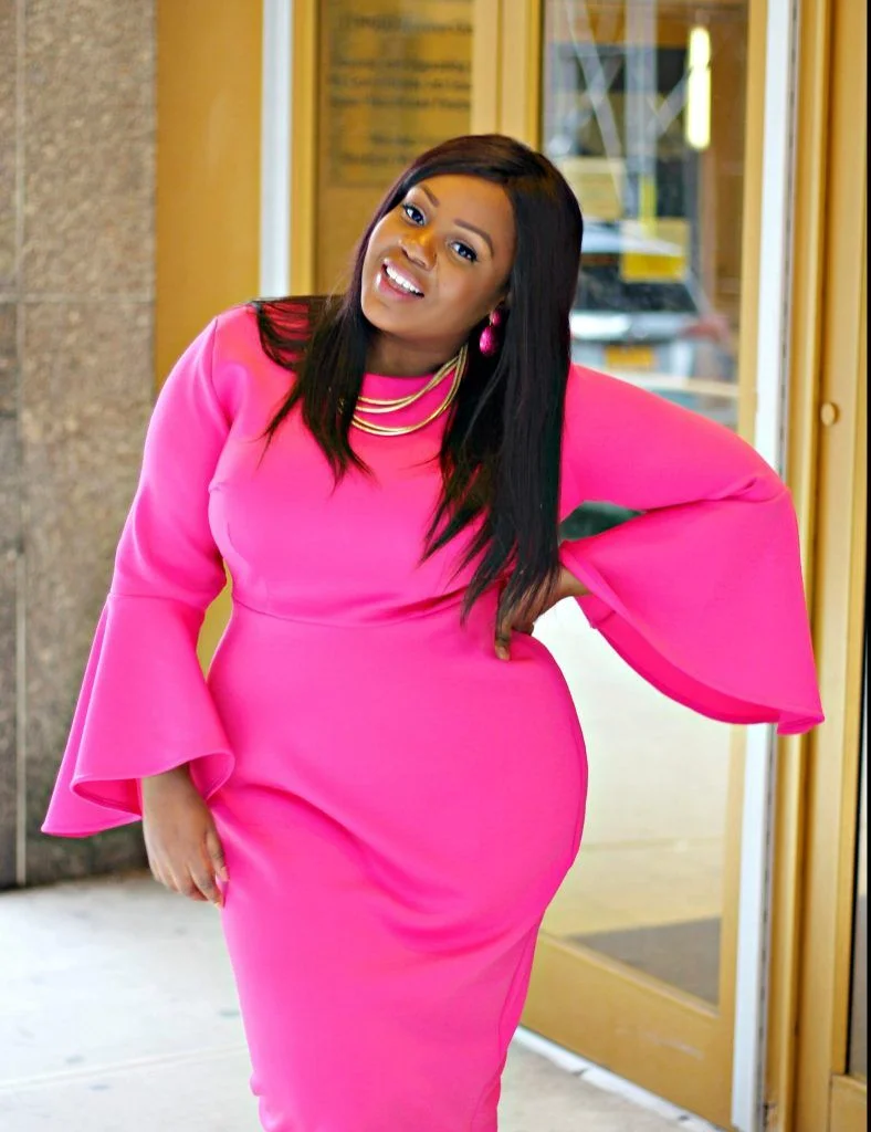 Plus size fall church outfit: hot pink bell sleeve sheath dress