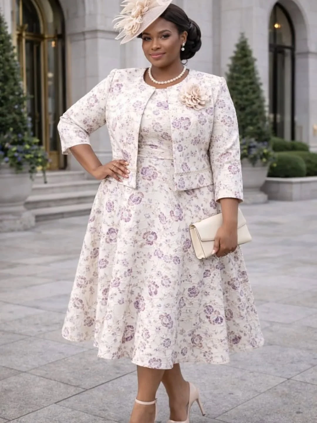 Plus size fall church outfit: floral brocade church suit with fascinator