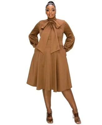 Plus size fall church outfit: caramel bow neck skater dress