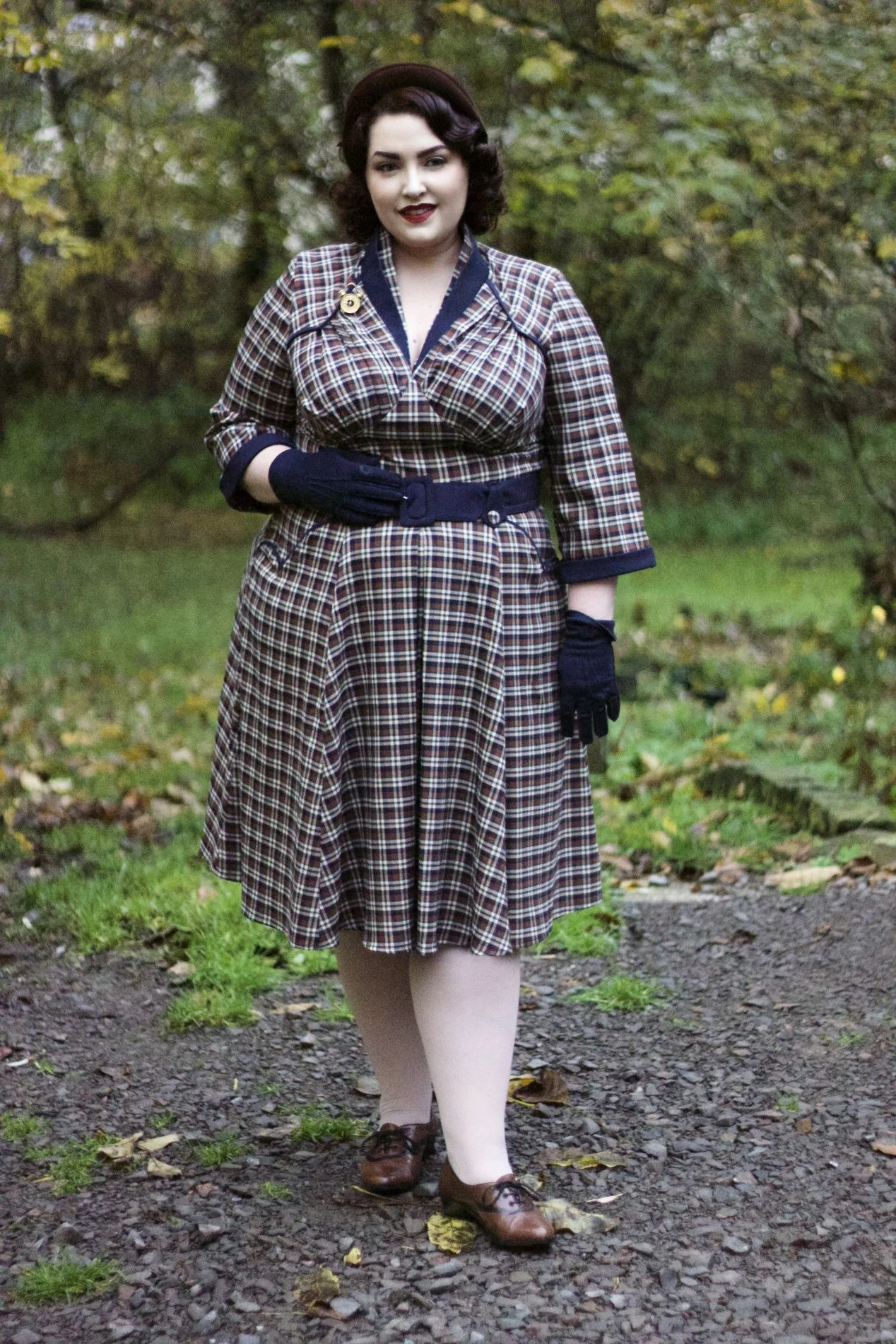 Plus size fall church outfit: vintage plaid shirt dress with gloves