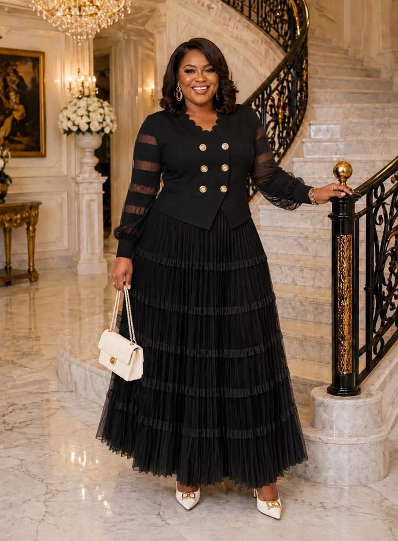 Plus size fall church outfit: black double breasted top with tiered tulle maxi skirt