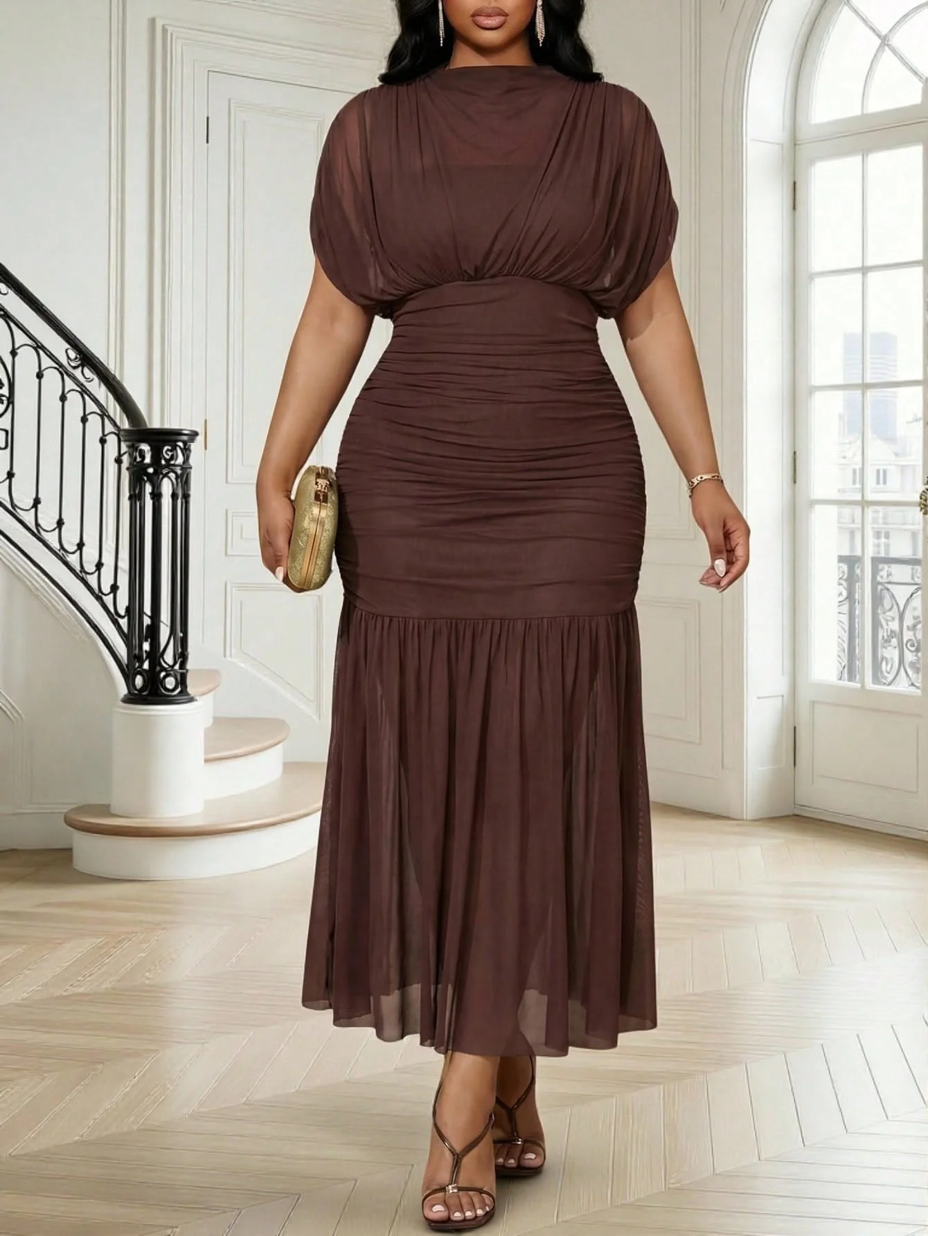 Plus size fall church outfit: chocolate brown ruched mesh midi dress
