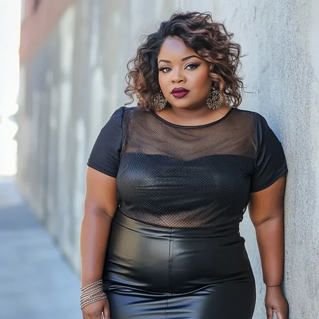 Black sheer mesh short-sleeve top, plus size Black woman