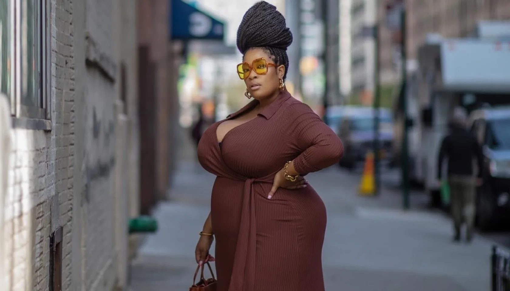 Brown satin slip dress, plus size Black woman street style