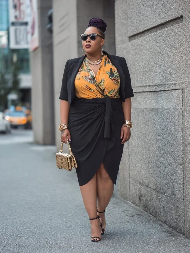 Yellow floral top with black blazer and wrap skirt, plus size Black woman