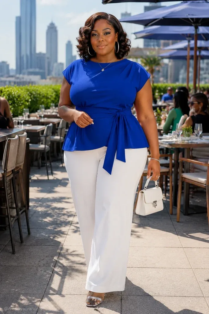 Royal blue short-sleeve top with white pants, plus size Black woman