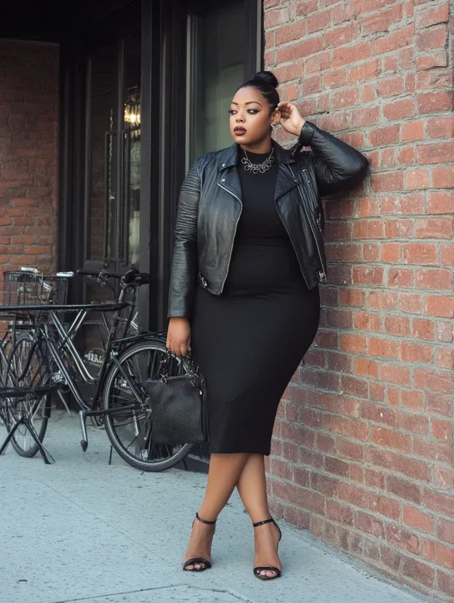 Black leather jacket street outfit, plus size Black woman