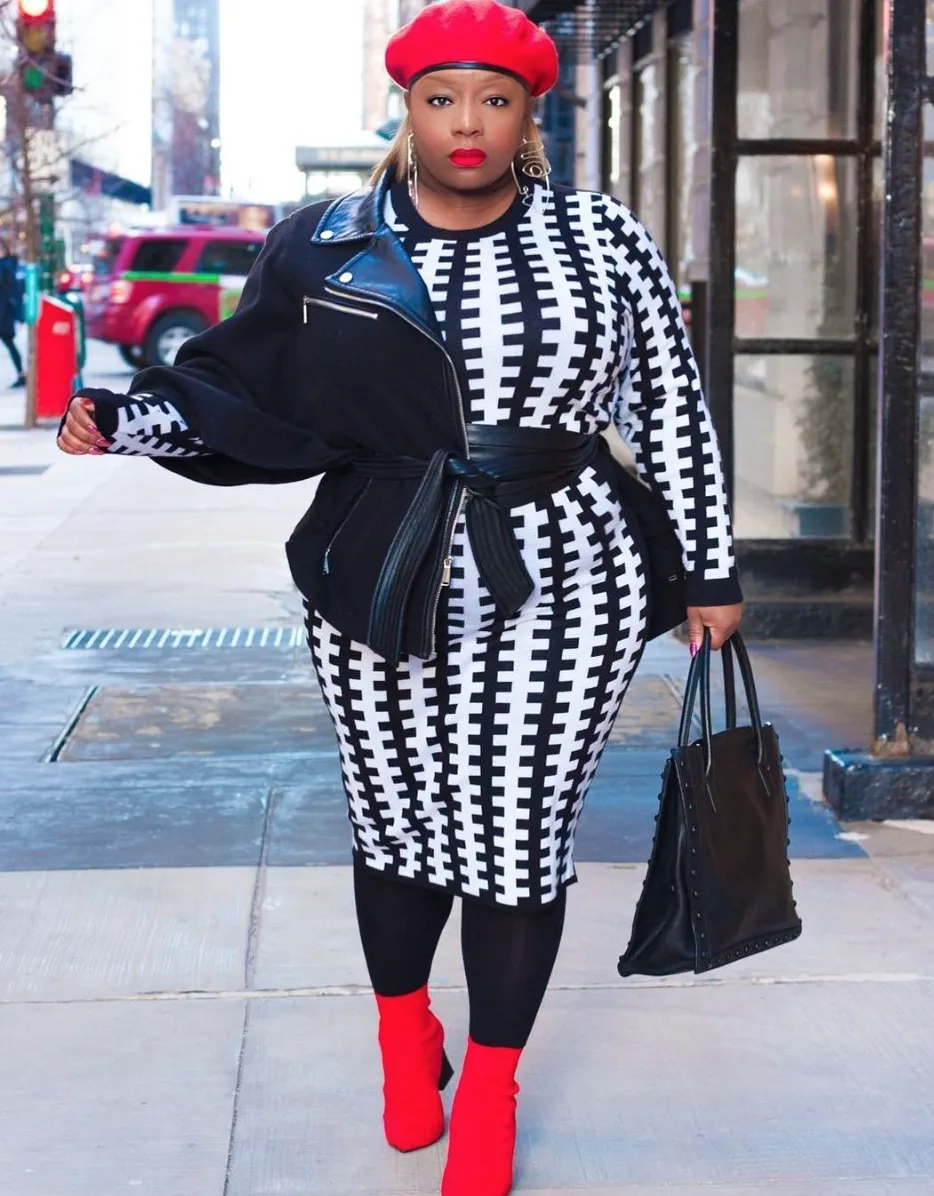 Black and white geometric print dress with red beret, plus size Black woman