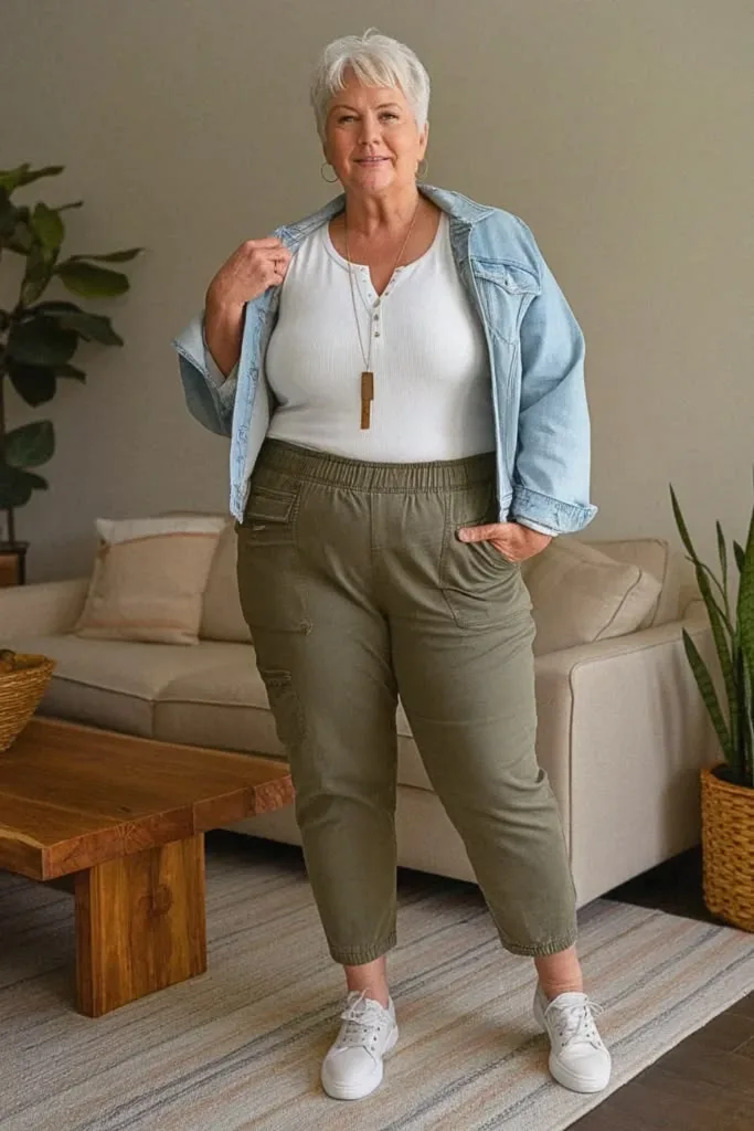 Plus size mom outfit: olive cargo pants with a light chambray shirt and white sneakers