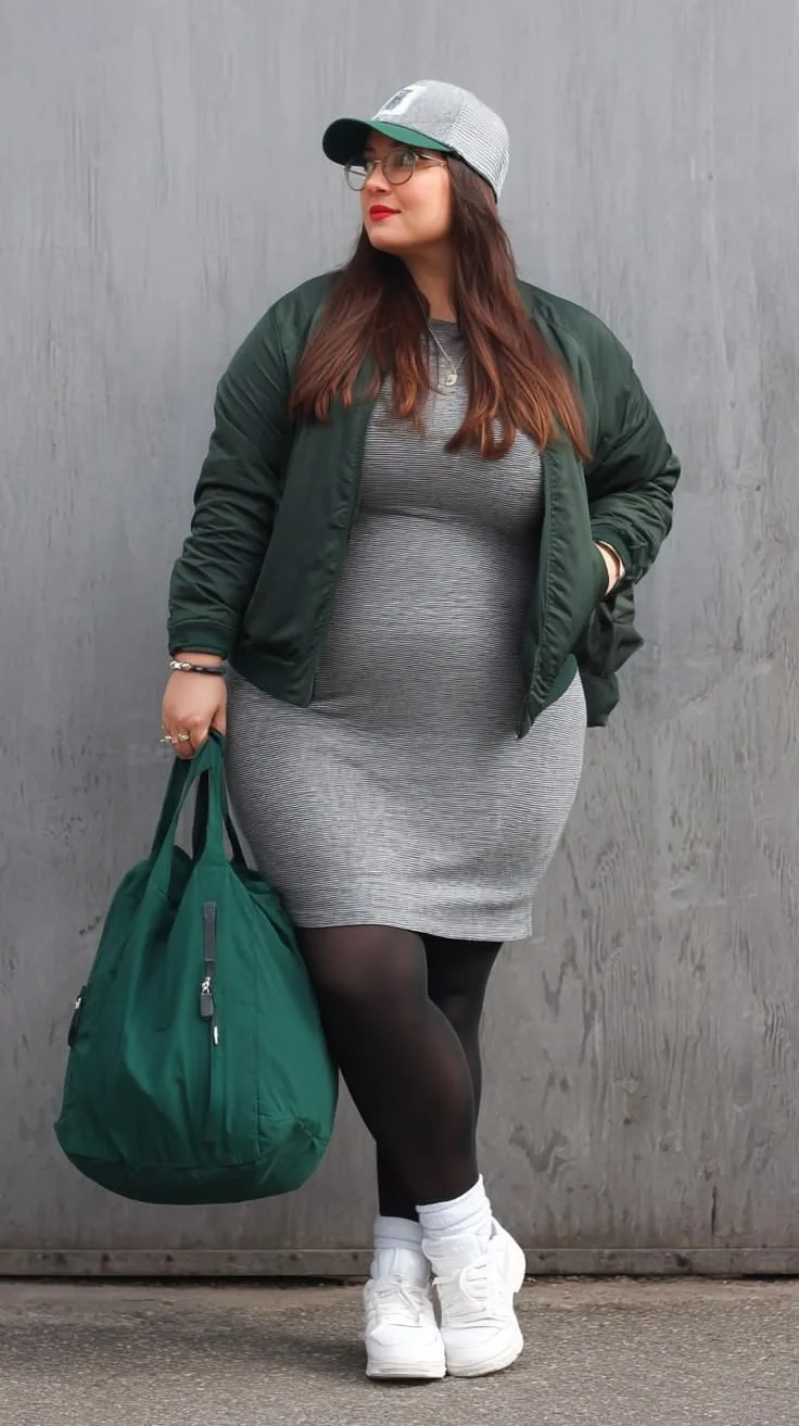 Plus size fall mom outfit: olive green jacket over a grey dress with white sneakers