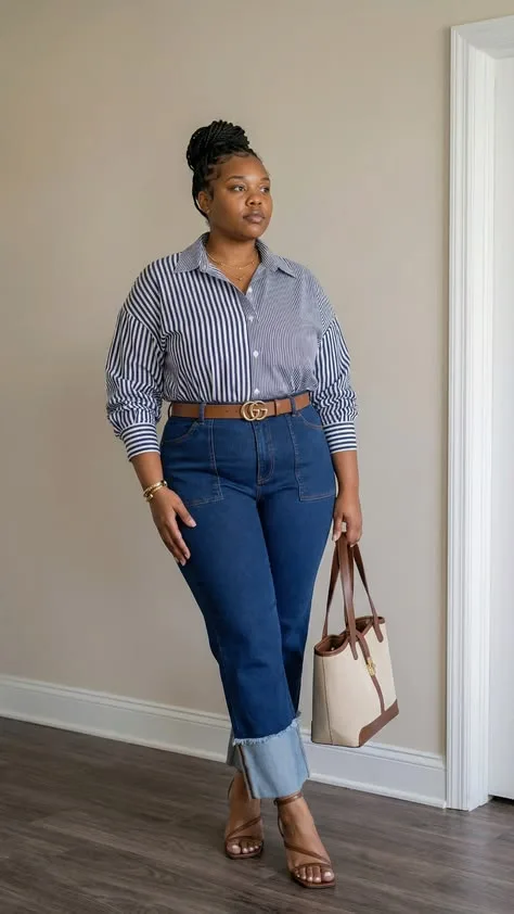Plus size mom outfit: blue striped shirt with wide leg jeans and tan sandals