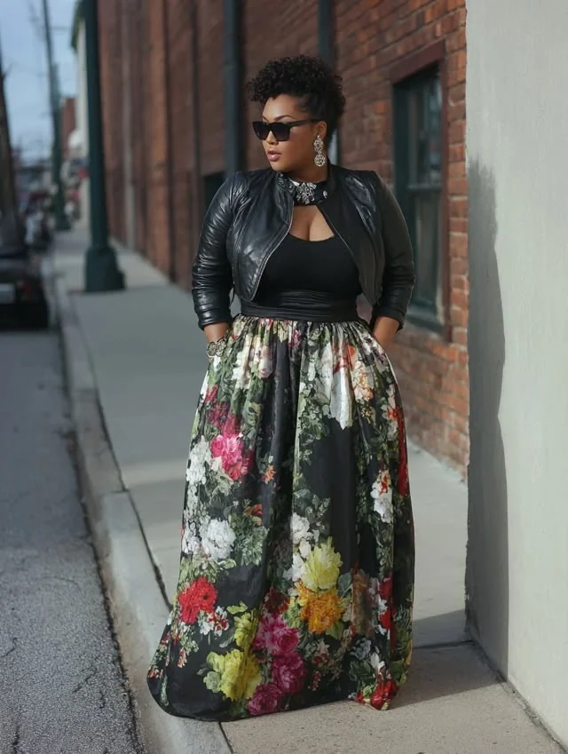 Plus size woman in black leather jacket with floral maxi skirt