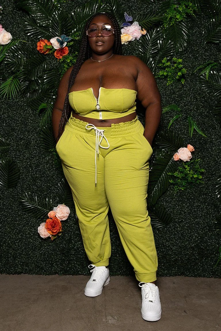 Plus size baddie set: lime green zip bustier top with matching joggers