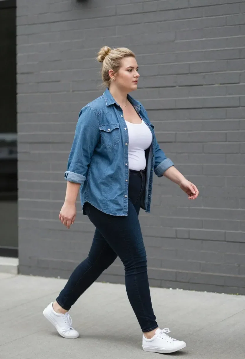 Plus size casual look: open denim shirt, white tank, dark jeans and white sneakers