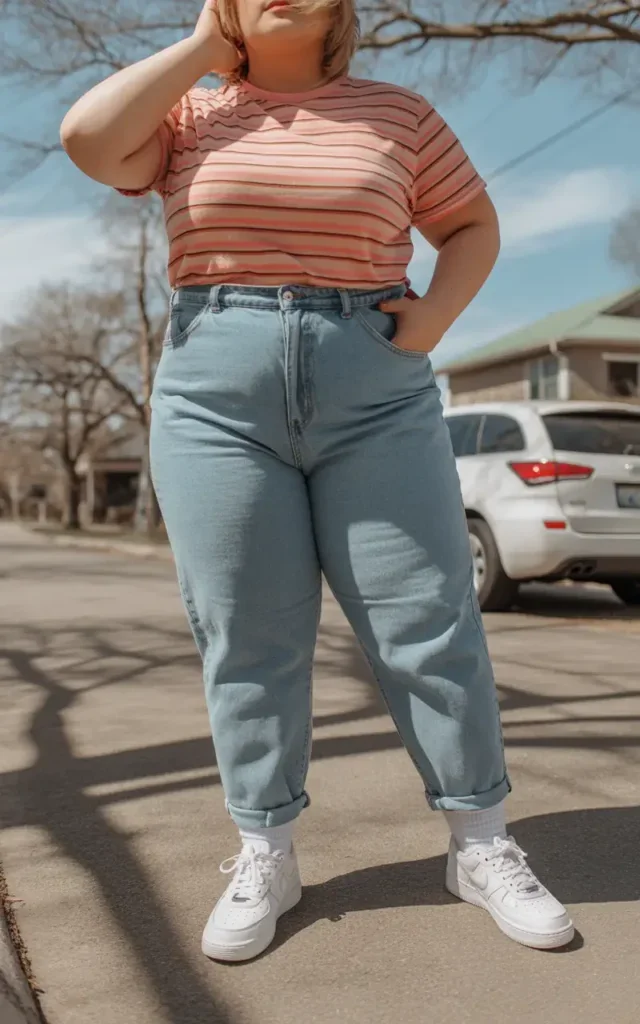 Plus size spring casual: coral striped tee with light-wash mom jeans and sneakers