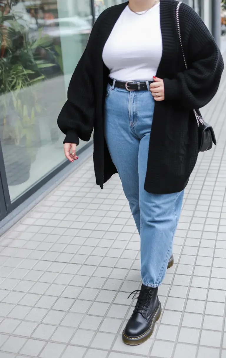 Plus size casual chic: black long cardigan, white tee, light jeans and boots