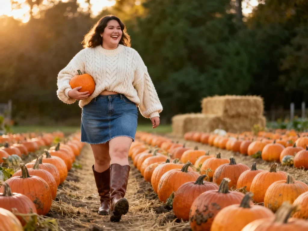 Plus size pumpkin patch outfit: cream cable knit sweater with denim skirt