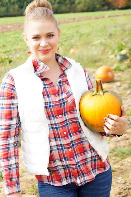 Plus size pumpkin patch outfit: red plaid shirt with white quilted vest