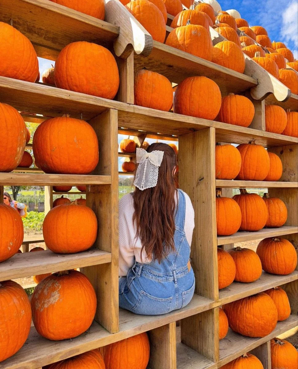 Fall pumpkin patch outfit: woman in denim overalls with a white bow sitting in a pumpkin display
