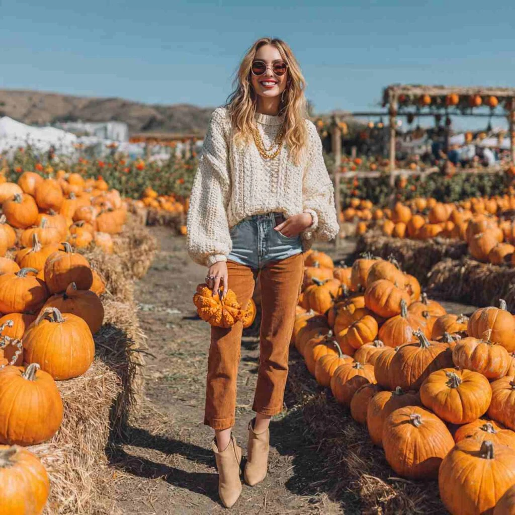 Fall pumpkin patch outfit: cream cable-knit sweater with camel trousers and booties