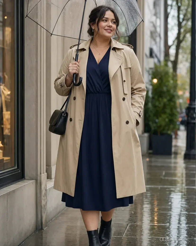 Plus-size woman in beige trench coat and navy wrap dress holding a clear umbrella in the rain