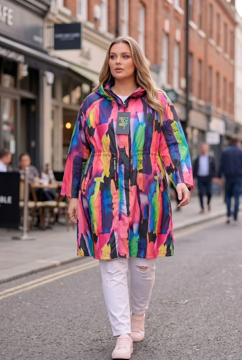 Plus-size woman in a colorful printed raincoat and white jeans on a wet city street