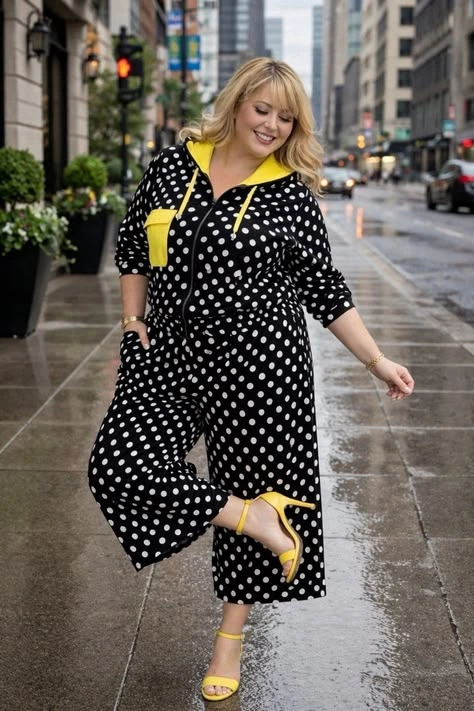 Plus-size woman in a black polka-dot rain dress with yellow hood and yellow heels in the rain