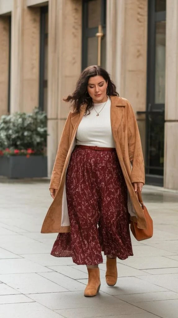 Plus-size woman in a camel coat, white top and rust pleated midi skirt with tan boots