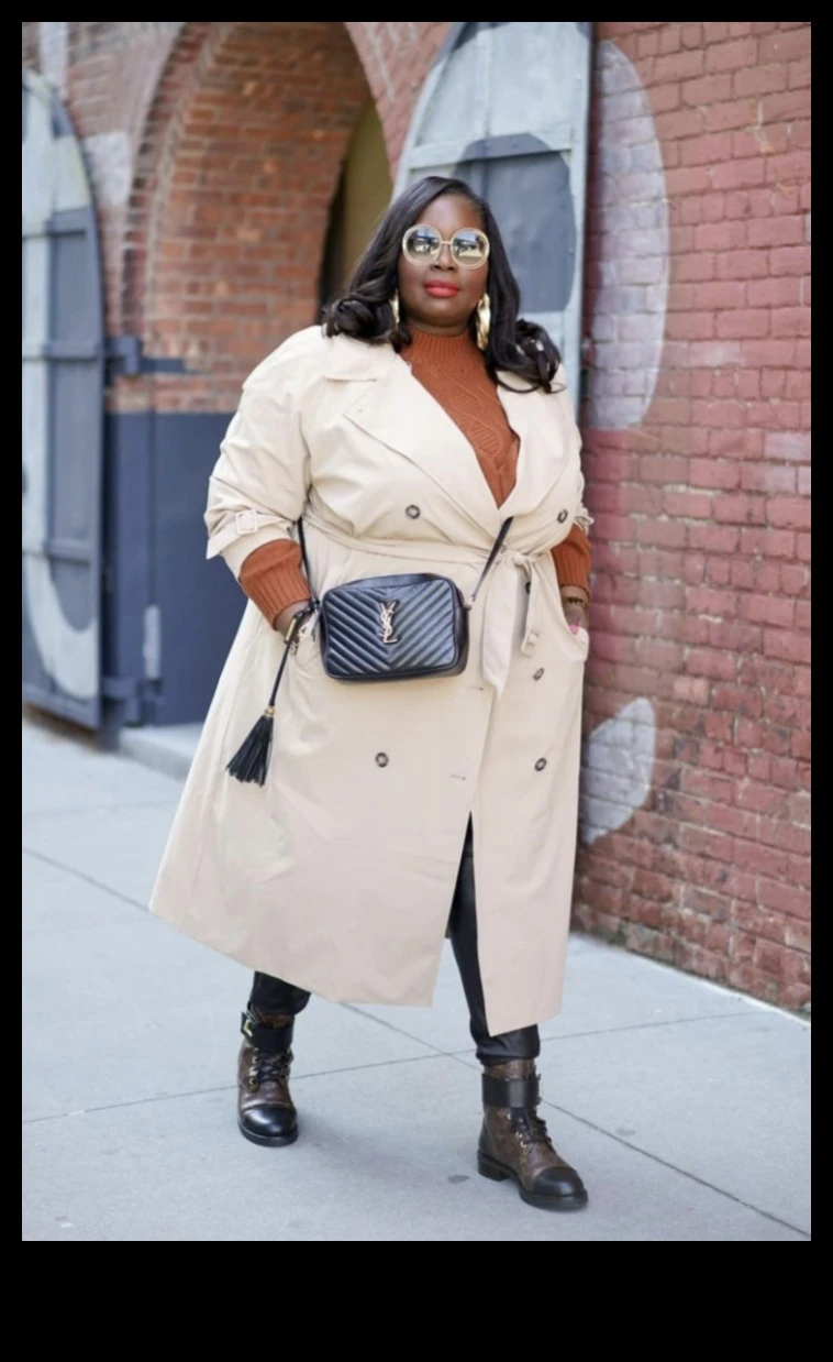Plus-size woman in a cream trench coat, black mini skirt and knee-high boots