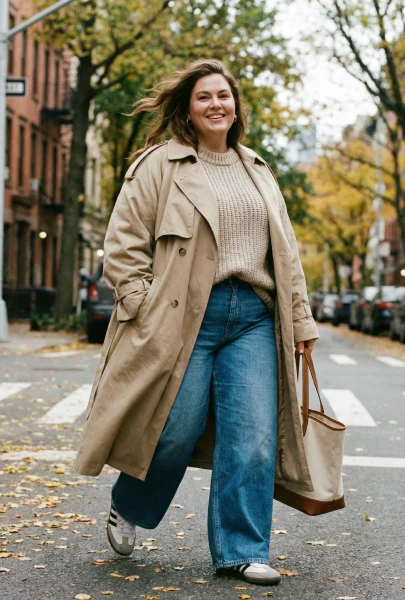 Plus-size woman in a beige trench coat, cream sweater and wide-leg jeans on an autumn street
