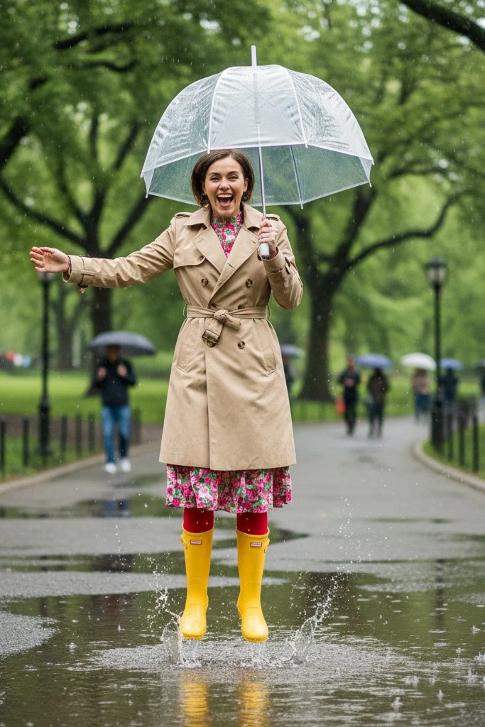 Woman in a beige trench coat and yellow rain boots jumping in a puddle with a clear umbrella