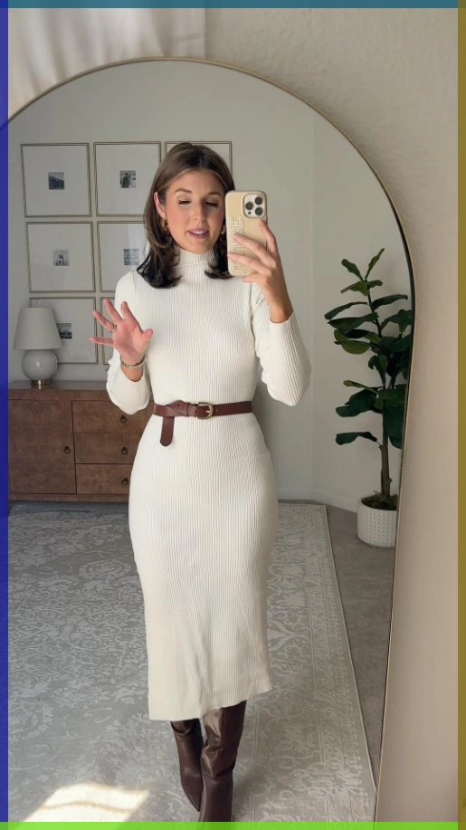 Elegant Thanksgiving dress outfit idea, cream knit sweater dress outfit fall women