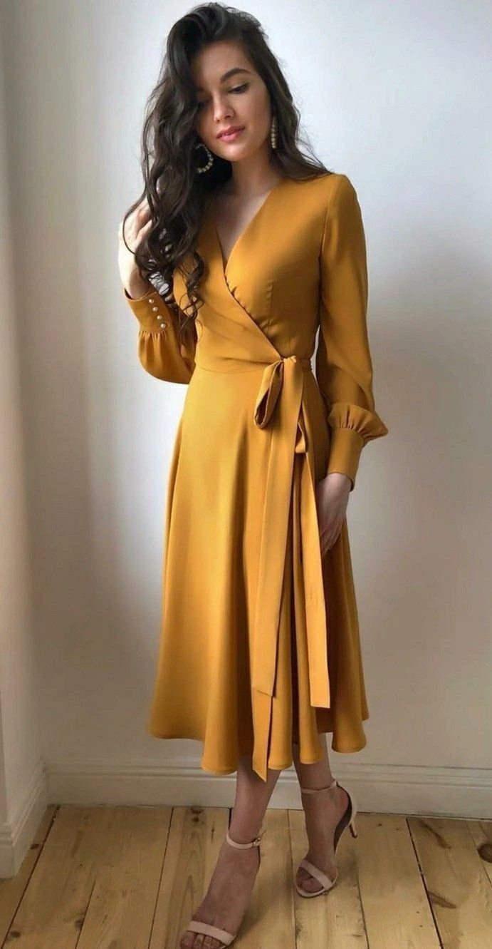 Elegant Thanksgiving dress outfit idea, mustard yellow midi dress fall outfit women