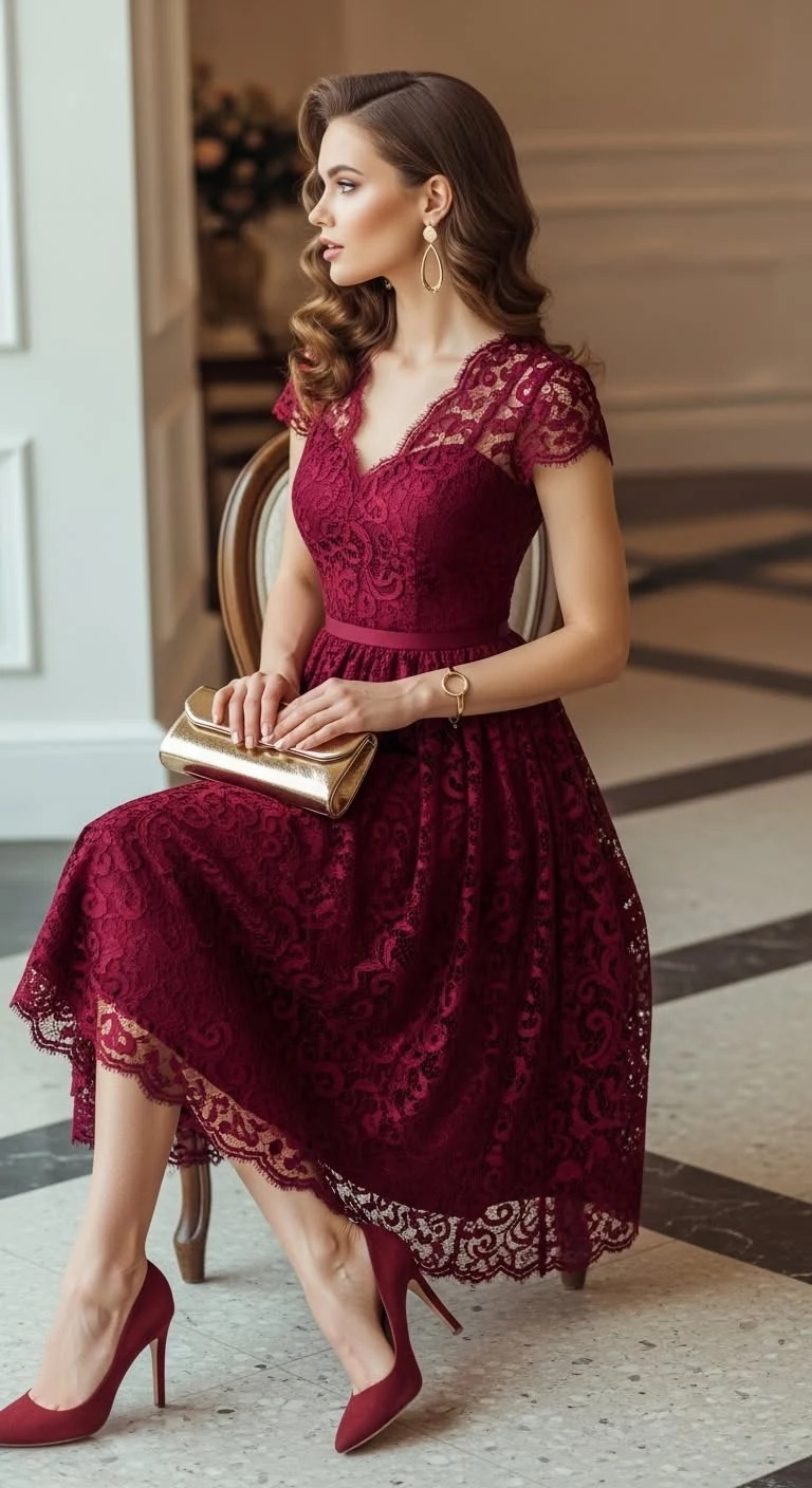 Elegant Thanksgiving dress outfit idea, wine red lace midi dress elegant outfit
