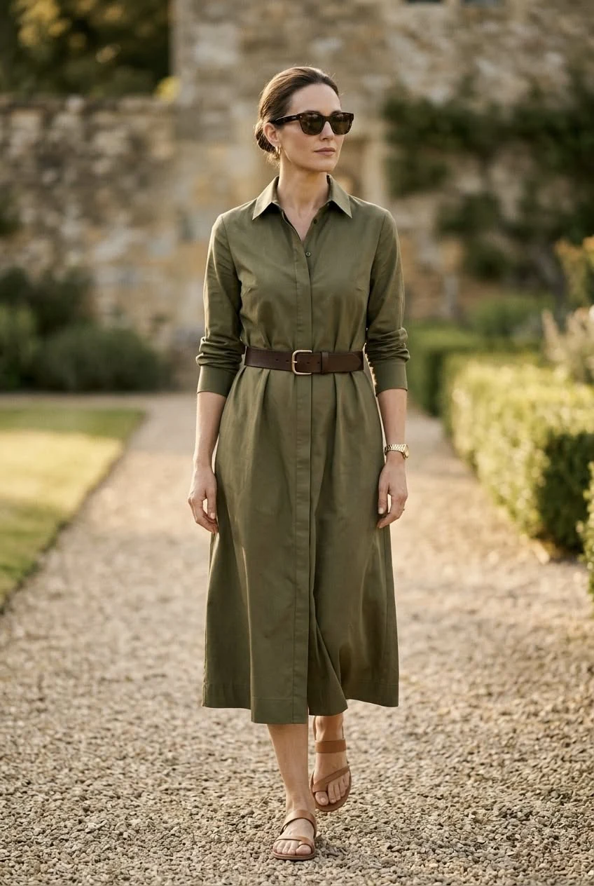 Elegant Thanksgiving dress outfit idea, olive green shirt dress fall outfit women