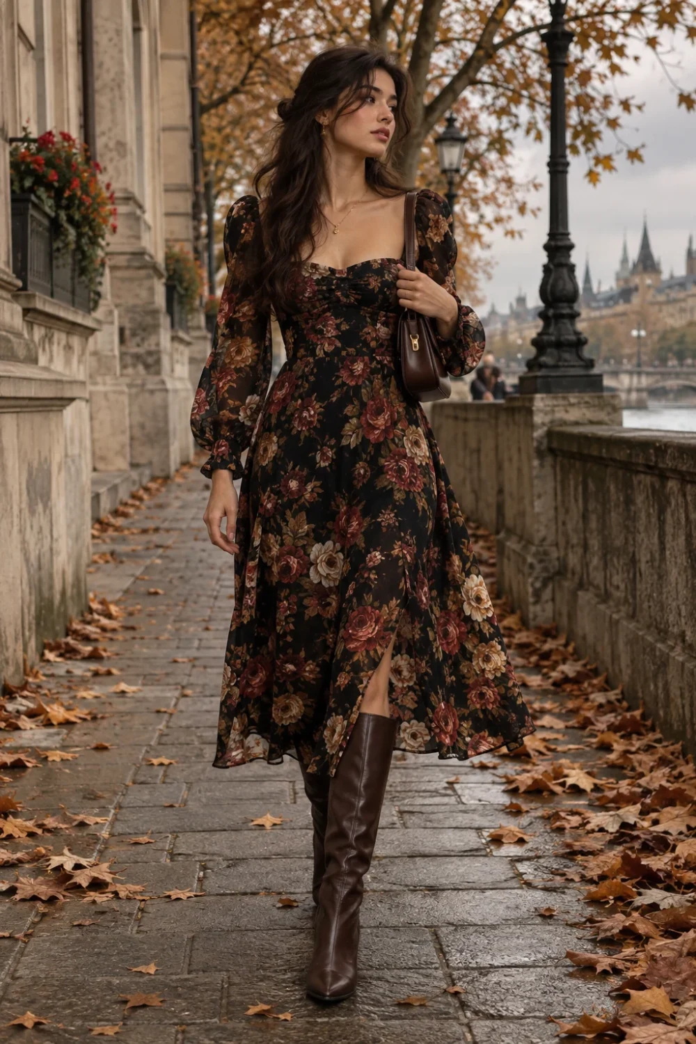 Elegant Thanksgiving dress outfit idea, floral midi dress fall boots outfit women