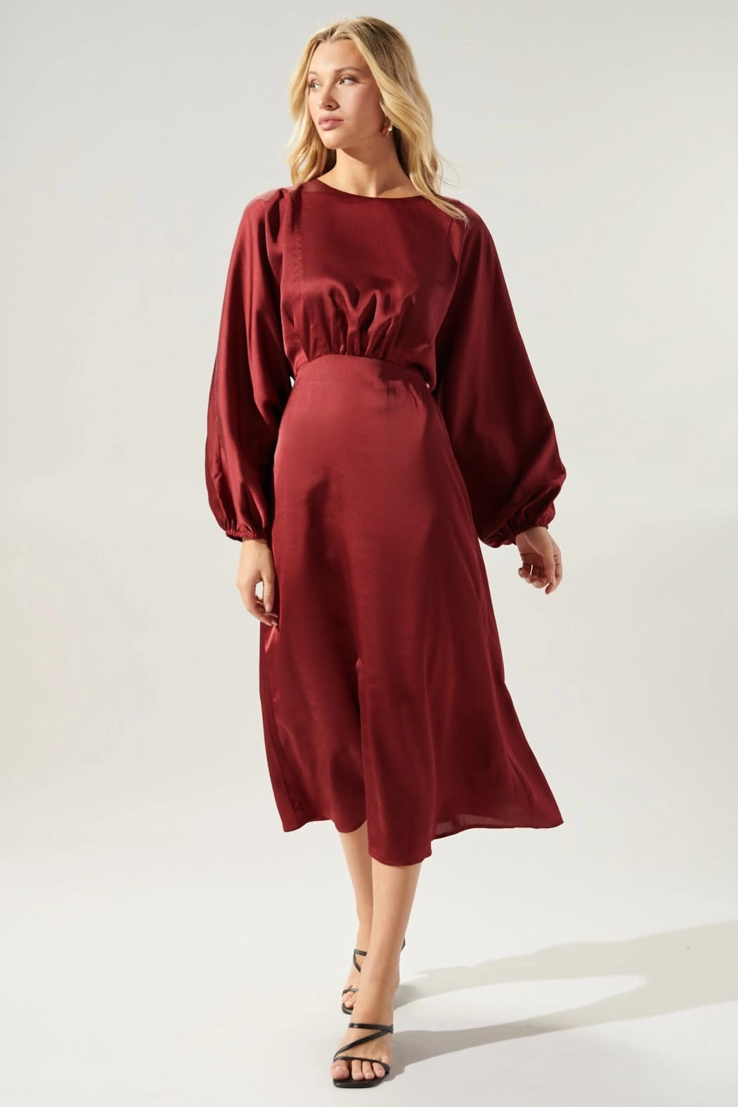 Elegant Thanksgiving dress outfit idea, deep red midi dress thanksgiving outfit